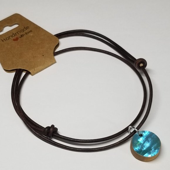 Hand Crafted Jewelry - Mermaid Reversible Abalone Shell Solid Hardwood with Real Leather Cord Slip Knot